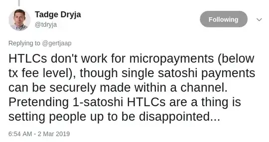 Tweet by Tadge: "HTLCs don't work for micropayments (below tx fee level), though single satoshi payments can be securely made within a channel. Pretending 1-satoshi HTLCs are a thing is setting people up to be disappointed..."