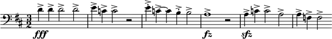\relative c' { \clef bass \time 3/2 \key d \major d->\fff d-> d2-> d-> | e4-> c-> c2-> r | e4->-. c->~ c b->-. b2-> | a1->\fz r2 | a4->\sfz c-> c2-> a-> | a4-> f-> f2-> }