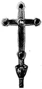 Black and white photograph of the head of a processional cross