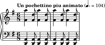 { \new PianoStaff <<
\new Staff = "RH" \relative c'' { \clef treble \key e \minor \time 6/8 \tempo "Un pochettino piu animato" 4. = 104 <a' fis,>4 <d, fis,>8 <a' fis,>4 <d, fis,>8 <a' fis,>4 <d, fis,>8 <a' fis,>4 <d, fis,>8}
\new Staff = "LH" \relative c' { \clef bass \key e \minor \time 6/8 <a, d,>4 <a d,>8 <a d,>4 <a d,>8 <a d,>4 <a d,>8 <a d,>4 <a d,>8 } >> }
