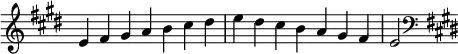 {
\omit Score.TimeSignature \relative c' {
\key e \major \time 7/4 e fis gis a b cis dis e dis cis b a gis fis e2
\clef F \key e \major
} }