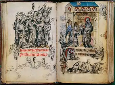 Arrest of Christ and Annunciation of the Virgin; by Jean Pucelle; 1324–1328; grisaille and temprea on vellum; 8.9 x 12.4 cm; Metropolitan Museum of Art (New York City)