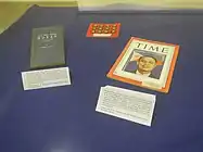 Displayed books and pins about Former President Manuel Roxas