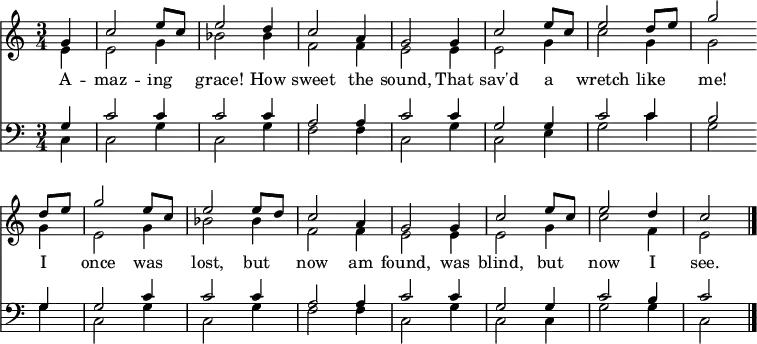 << <<
\new Staff { \clef treble \time 3/4 \partial 4 \key c \major \set Staff.midiInstrument = "piano"
\set Score.tempoHideNote = ##t \override Score.BarNumber #'transparent = ##t
\relative c''
<< { g4 | c2 e8 c | e2 d4 | c2 a4 | g2 g4 | c2 e8 c | e2 d8 e | g2 \bar"" \break
d8 e | g2 e8 c | e2 e8 d | c2 a4 | g2 g4 | c2 e8 c | e2 d4 | c2 \bar"|." } \\
{ e,4 | e2 g4 | bes2 bes4 | f2 f4 | e2 e4 | e2 g4 | c2 g4 | g2
g4 | e2 g4 | bes2 bes4 | f2 f4 | e2 e4 | e2 g4 | c2 f,4 | e2 } >>
}
\new Lyrics \lyricmode {
A4 -- maz2 -- ing4 grace!2 How4 sweet2 the4 sound,2
That4 sav'd2 a4 wretch2 like4 me!2
I4 once2 was4 lost,2 but4 now2 am4 found,2
was4 blind,2 but4 now2 I4 see.2
}
\new Staff { \clef bass \key c \major \set Staff.midiInstrument = "piano" \relative c'
<< { g4 | c2 c4 | c2 c4 | a2 a4 | c2 c4 | g2 g4 | c2 c4 | b2
g4 | g2 c4 | c2 c4 | a2 a4 | c2 c4 | g2 g4 | c2 b4 | c2 } \\
{ c,4 | c2 g'4 | c,2 g'4 | f2 f4 | c2 g'4 | c,2 e4 | g2 c4 | g2
g4 | c,2 g'4 | c,2 g'4 | f2 f4 | c2 g'4 | c,2 c4 | g'2 g4 | c,2 } >>
}
>> >>
\layout { indent = #0 }
\midi { \tempo 4 = 80 }