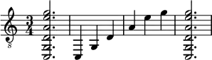 {
\clef "treble_8"
\time 3/4
<c, g, d a e' g'>2.
<c, >4
<g, >4
<d >4
<a >4
<e' >4
<g' >4
<c, g, d a e' g'>2.
}