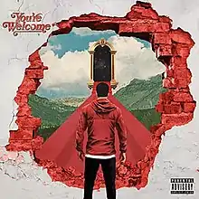 A man wearing a red shirt looking at red tracks to get inside a mirror. A valley is seen in the background. A brick house is crumbled. "You're Welcome" appears in red.