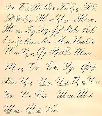 Cursive Abkhaz alphabet of Gulia and Machavariani 1892.