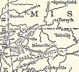 A map of northwestern Arkansas. Van Buren is on the north side of the Arkansas River, with Fort Smith on the south side. Prairie Grove is on the north side of the Boston Mountains