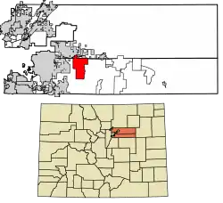 Location of the Watkins CDP in Adams County and Arapahoe County, Colorado.