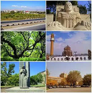 From top left:
View of Artashat&nbsp;• Statue of King Artaxias IApricot farms &nbsp;• Surp Hovhannes ChurchWorld War II memorial&nbsp;• Downtown Artashat