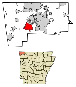 Location of Highfill in Benton County, Arkansas.