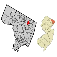 Location of Harrington Park in Bergen County highlighted in red (left). Inset map: Location of Bergen County in New Jersey highlighted in orange (right).