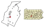 Location of Hollidaysburg in Blair County, Pennsylvania (left) and of Blair County in Pennsylvania (right)