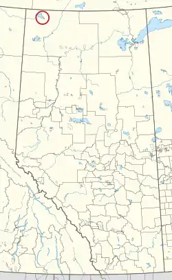 A map of the province of Alberta showing 80 counties and 145 small Indian reserves. One is highlighted with a red circle.