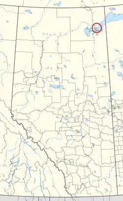 A map of the province of Alberta showing 80 counties and 145 small Indian reserves. One is highlighted with a red circle.