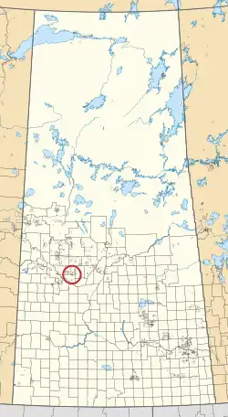A map of the province of Saskatchewan showing 297 rural municipalities and hundreds of small Indian reserves. One is highlighted with a red circle.