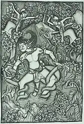 Paintings from the story of the Mahabharata. Drona tried to get rid of Bhima by telling him to meditate on Mount Kailasa