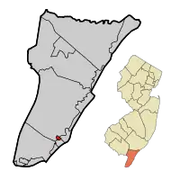 Location of West Wildwood in Cape May County highlighted in red (left). Inset map: Location of Cape May County in New Jersey highlighted in orange (right).