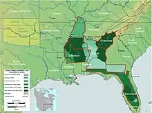 Map of the southern United States showing in dark green areas ceded by Indians.Clark & Guice 1996, pp. 233–243; Mahon 1962, pp. 350–354.