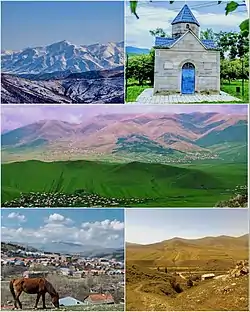 From top left:Khndzorkut Mountain • Chambarak Chapel Chambarak landscape and Mountains Town Panorama • Verin Chambarak