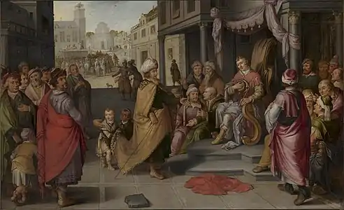 The Judgment of Cambyses by Claes Jacobsz van der Heck, 1620. Otanes takes his place on the seat with his father's skin hanging over the backrest. In front of him stands Cambyses. In the background, the flaying of Sisamnes is depicted.