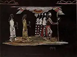 Watercolor painting depicts six figures performing a traditional dance.