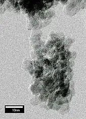 An image resembling a cluster of grape where the cluster consists of nearly spherical particles of 5 nm (2.0×10−7 in) diameter