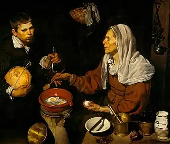 Bodegón with elements of genre paintings — kitchen and cooking.An Old Woman Cooking Eggs by Diego Velázquez; 1618, 101 × 120 cm, Scottish National Gallery.