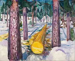 The Yellow Log, 1912, .mw-parser-output .frac{white-space:nowrap}.mw-parser-output .frac .num,.mw-parser-output .frac .den{font-size:80%;line-height:0;vertical-align:super}.mw-parser-output .frac .den{vertical-align:sub}.mw-parser-output .sr-only{border:0;clip:rect(0,0,0,0);clip-path:polygon(0px 0px,0px 0px,0px 0px);height:1px;margin:-1px;overflow:hidden;padding:0;position:absolute;width:1px}129.5 cm × 159.5 cm (51 in × 62+3⁄4 in), Munch Museum, Oslo