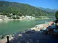 Ghats on the Ganges and Ram Jhula bridge at Muni ki Reti.
