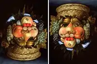 Reversible Head with Basket of Fruit, oil on panel painting by Giuseppe Arcimboldo, c. 1590
