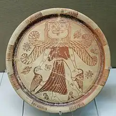 Winged goddess with a Gorgon's head, orientalizing plate, c.600 BC, from Kameiros, Rhodes