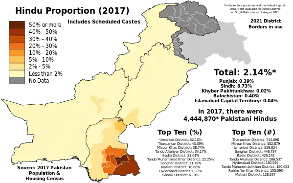 Hindu proportion of each Pakistani District of each Pakistani District as of the 2017 Pakistan Census