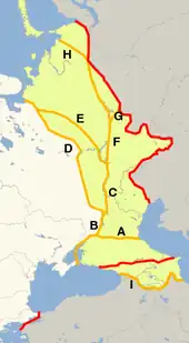 Image 11Conventions used for the boundary between Asia and Europe during the 18th and 19th centuries. The red line shows the most common modern convention, in use since c. 1850. Asia Europe historically placed in either continent (from List of transcontinental countries)