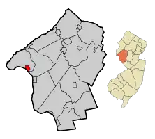 Location of Milford in Hunterdon County highlighted in red (left). Inset map: Location of Hunterdon County in New Jersey highlighted in orange (right).