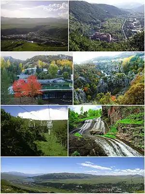 From top left:Jermuk skyline • Arpa RiverSpa resorts • Jermuk Forest SanctuaryJermuk cableway • Jermuk WaterfallPanoramic view of Jermuk