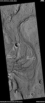 Meandering stream showing early and later loops.  The image was named HiRISE picture of the day for August 30, 2021.