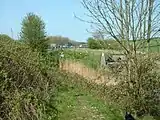 Lancaster Canal and M6 motorway, near Tewitfield. This scruffy photo shows the even more scruffy second termination of the open canal, which disappears into a culvert for 150 yard under the road.
