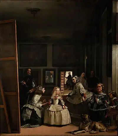 Las Meninas; by Diego Velázquez; 1656; oil on canvas; 3.18 cm × 2.76 m; Museo del Prado (Madrid, Spain)