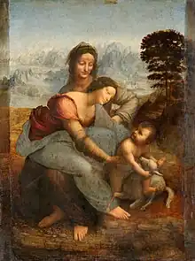 Painting of two women with a child and a lamb