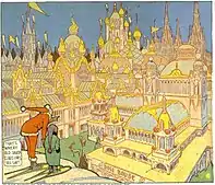 A comic strip panel. A character in a frilled red suit points a boy at a city with ostentatious architecture.