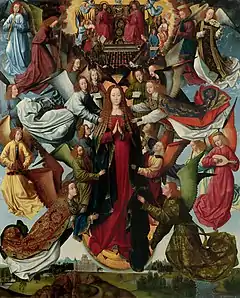 Master of the St Lucy Legend, Mary, Queen of Heaven, c 1480–1510, accompanied by angels, some making music and others investments