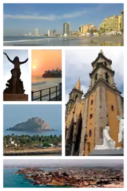 Clockwise, from upper left: Hotel Zone, Monument to Mazatleca women, Mazatlán pier, Cordones Island, Mazatlán Cathedral, Panoramic view of the city
