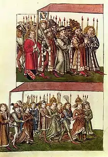 Master of the Council of Constance Chronicle – ceremonial entry of emperor Sigismund and empress Barbara.