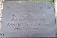 Brass plaque that reads: "Near this spot on Sunday 20th August 1989 The Pleasure Boat Marchioness was in collision with another vessel and sank with the loss of 51 lives"