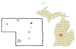 Location of Edmore in Montcalm County and the state of Michigan