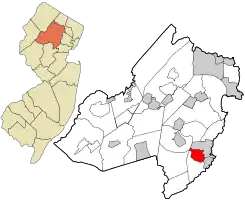 Location of Madison in Morris County highlighted in red (right). Inset map: Location of Morris County in New Jersey highlighted in orange (left).