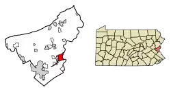 Location of Easton in Northampton County, Pennsylvania (left) and of Northampton County in Pennsylvania (right)