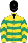 Yellow, Emerald Green hoops, chevrons on sleeves, Black cap