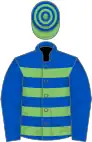 Royal blue and light green hoops, royal blue sleeves, light green and royal blue hooped cap